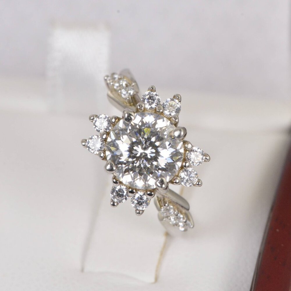 Classic White Gold sterling silver Diamond Halo Ring - moissanite diamond